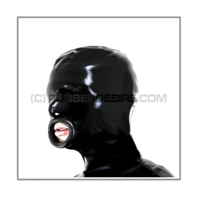 Black latex hood H-BLOW with zipper, anatomical 3-panel shape of latex-sheeting and blowjob-mouth
